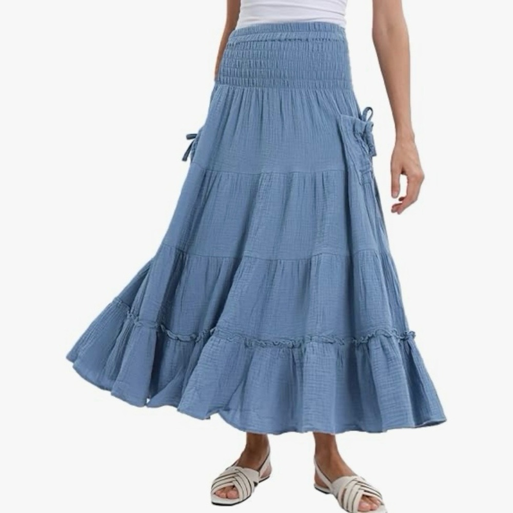 Host Pick 🎉 Blue Tiered Flare Bohemian Cotton Skirt Size Small‎ Pockets